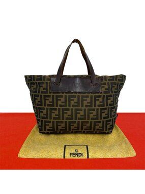 Fendi Vintage Zucca FF Pattern Nylon Leather Handbag Mini Tote Khaki Brown